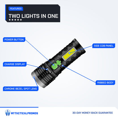 LED Flashlight features labeled: chrome bezel spot lens, ribbed body, side COB panel, power button, charge display