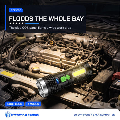 LED Flashlight with its side COB panel lighting a car engine bay