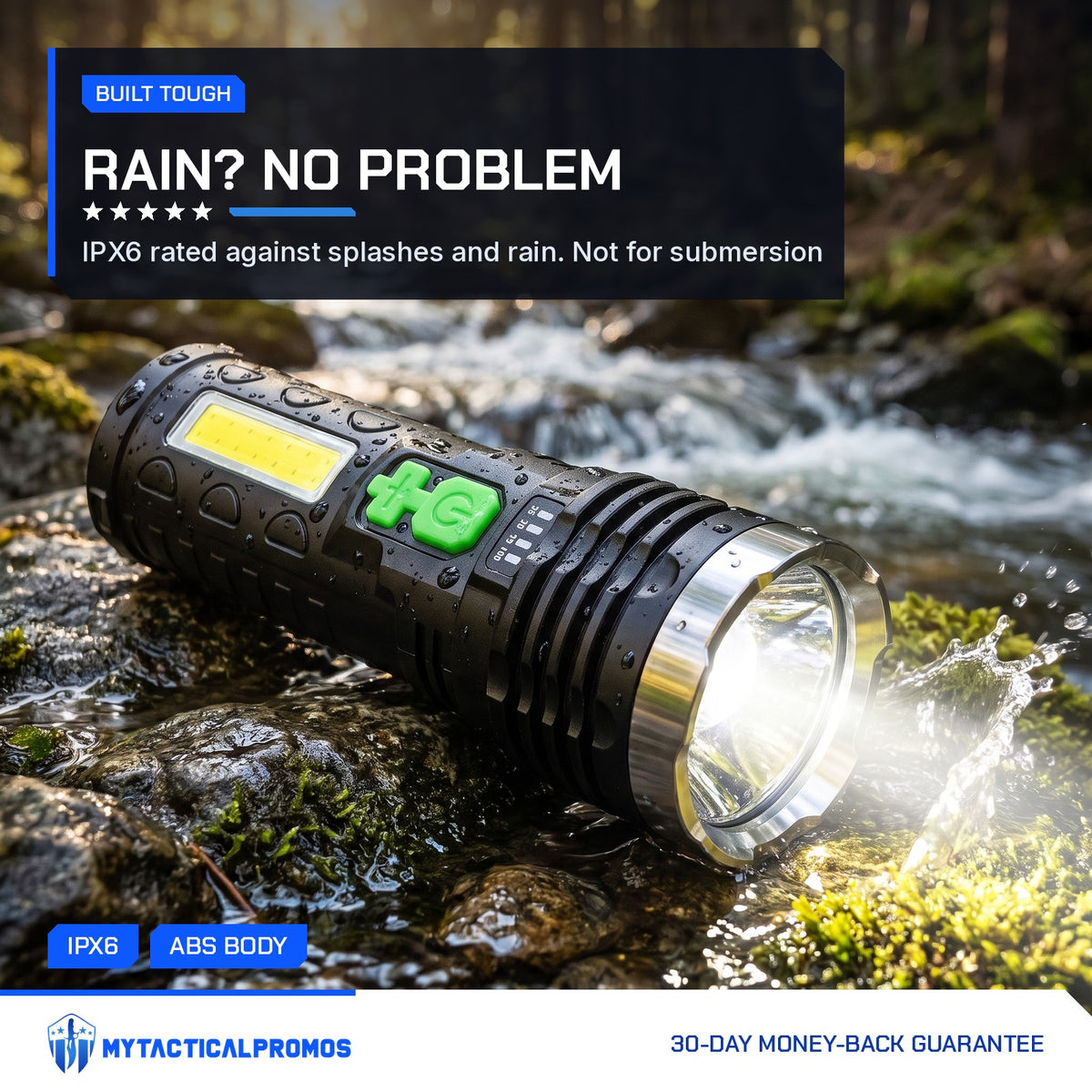 LED Flashlight switched on, resting on wet rocks beside a creek