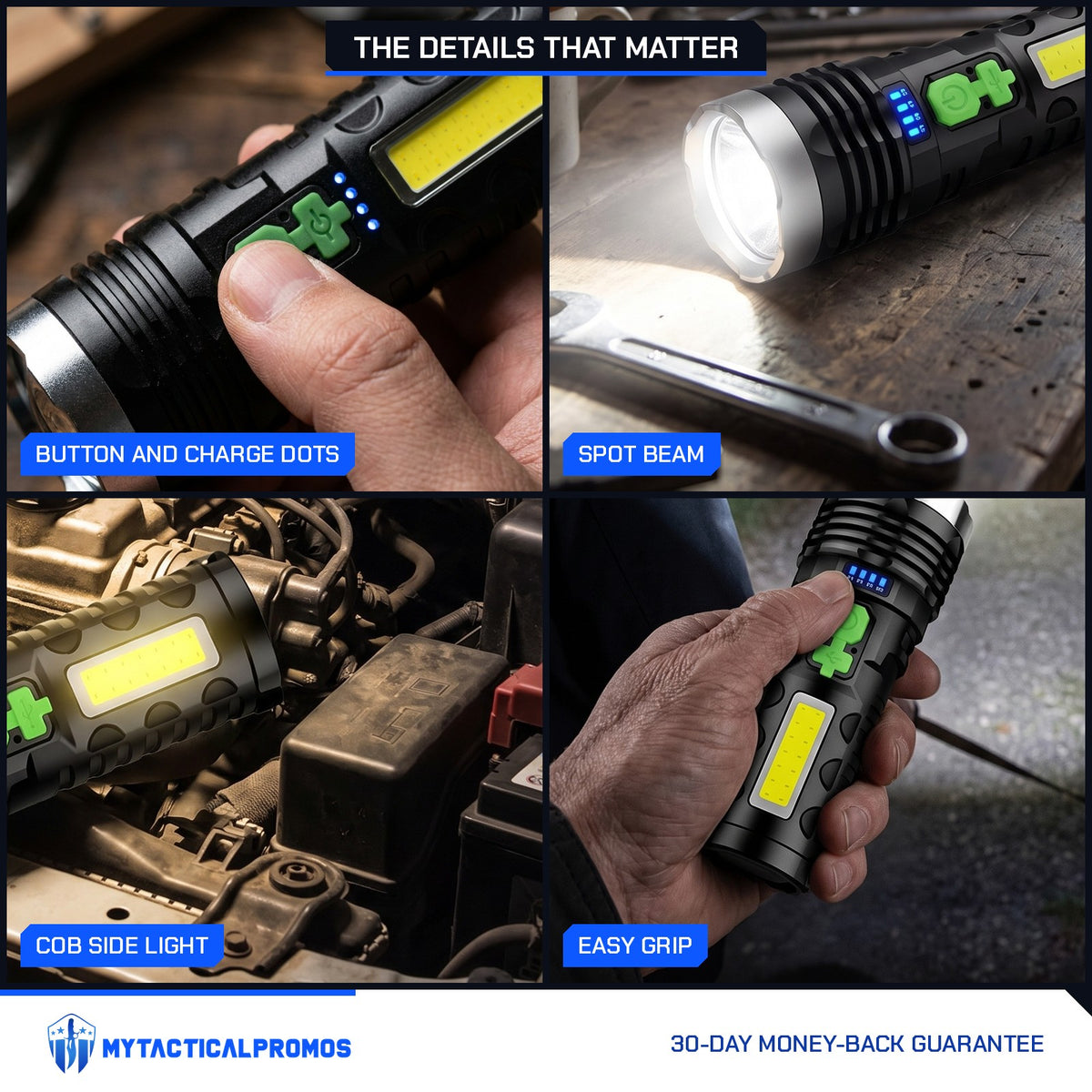 LED Flashlight close-ups: power button and charge dots, COB side light on, spot beam, grip in hand