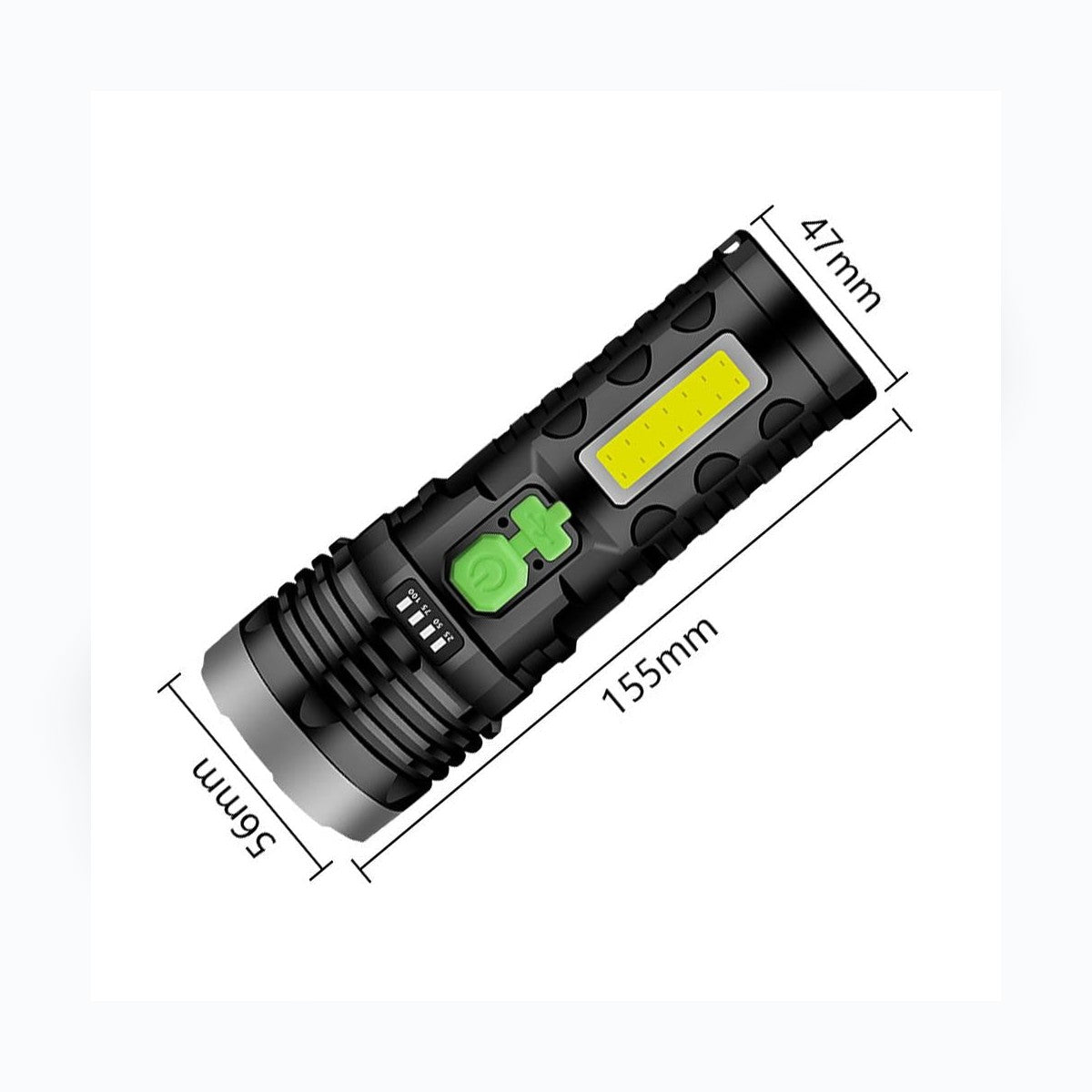LED Flashlight dimensions: 155 x 56 x 47 mm