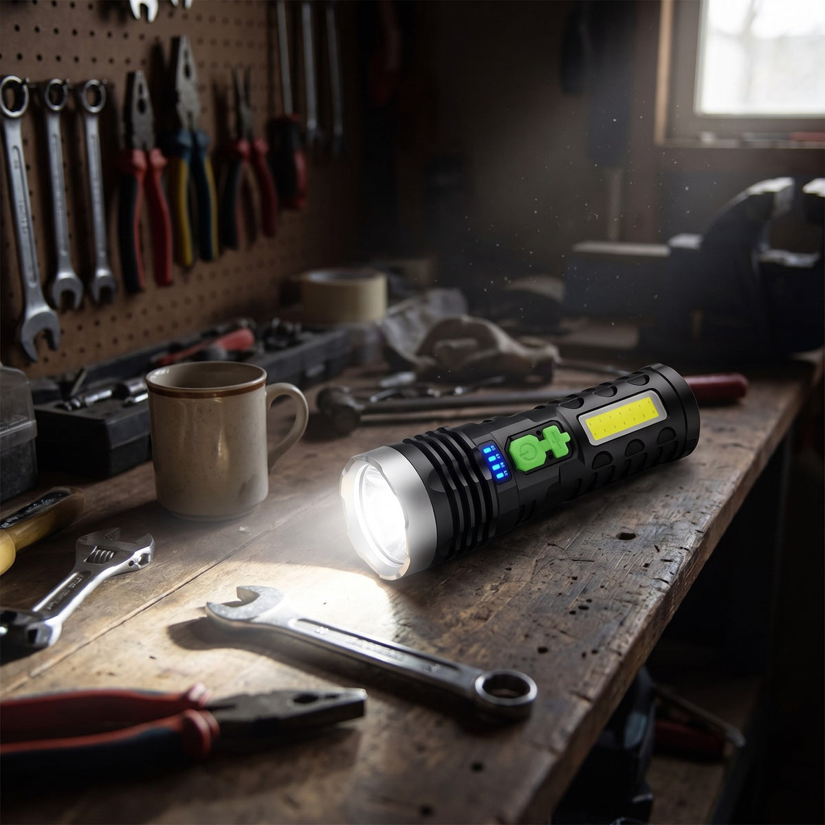 LED Flashlight lit on a garage workbench beside a wrench and mug