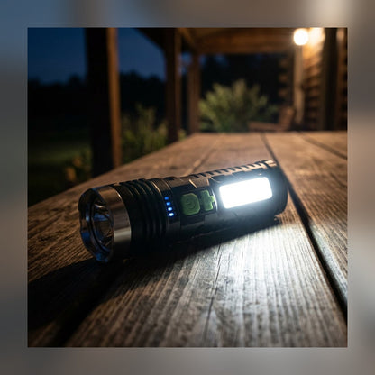 LED Flashlight with its COB side panel glowing on a porch table at night
