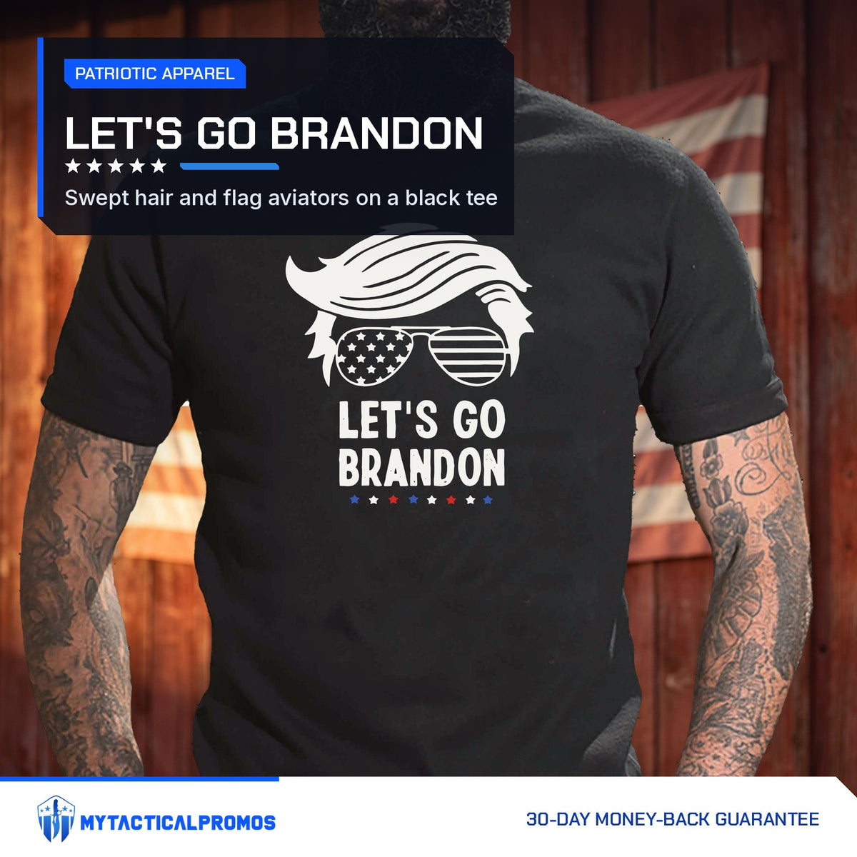 Let's Go Brandon T-Shirt worn by a man in front of a red barn wall with an American flag