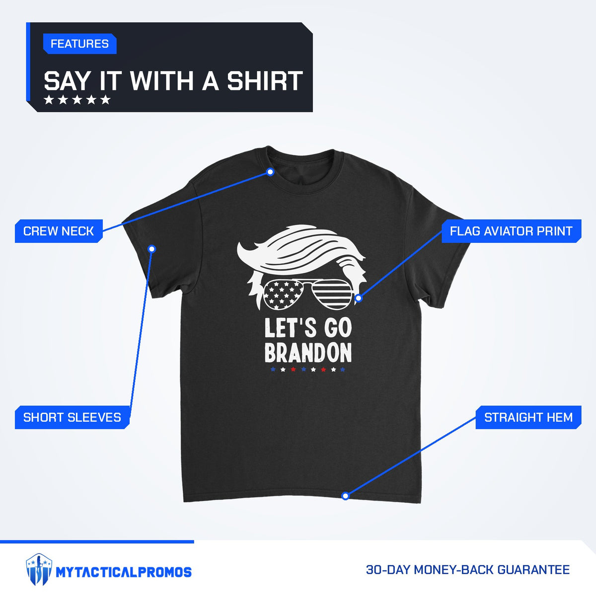 Let's Go Brandon T-Shirt features labeled: crew neck, short sleeves, flag aviator print, straight hem