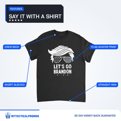 Let's Go Brandon T-Shirt features labeled: crew neck, short sleeves, flag aviator print, straight hem