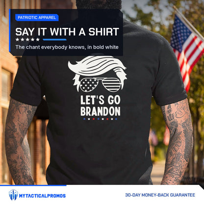 Let's Go Brandon T-Shirt worn on a flag-lined main street
