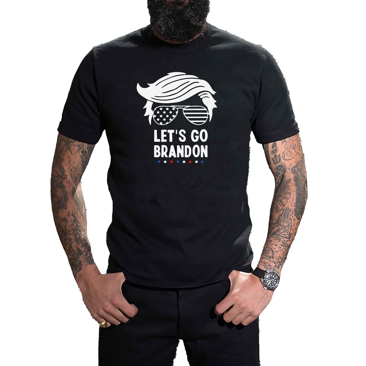 Let's Go Brandon T-Shirt worn, front view on a plain white background