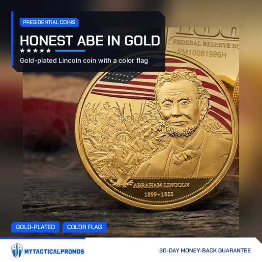 Abraham Lincoln Gold-Plated Coin standing on wood in front of an American flag