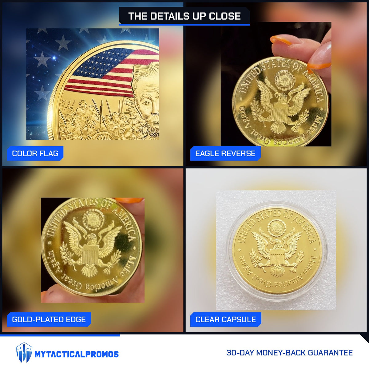 Abraham Lincoln Gold-Plated Coin close-ups: color flag, eagle reverse, gold-plated edge, clear capsule