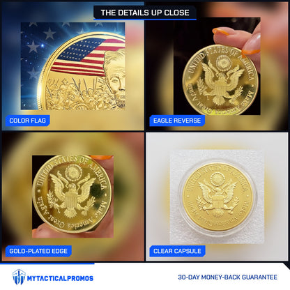Abraham Lincoln Gold-Plated Coin close-ups: color flag, eagle reverse, gold-plated edge, clear capsule