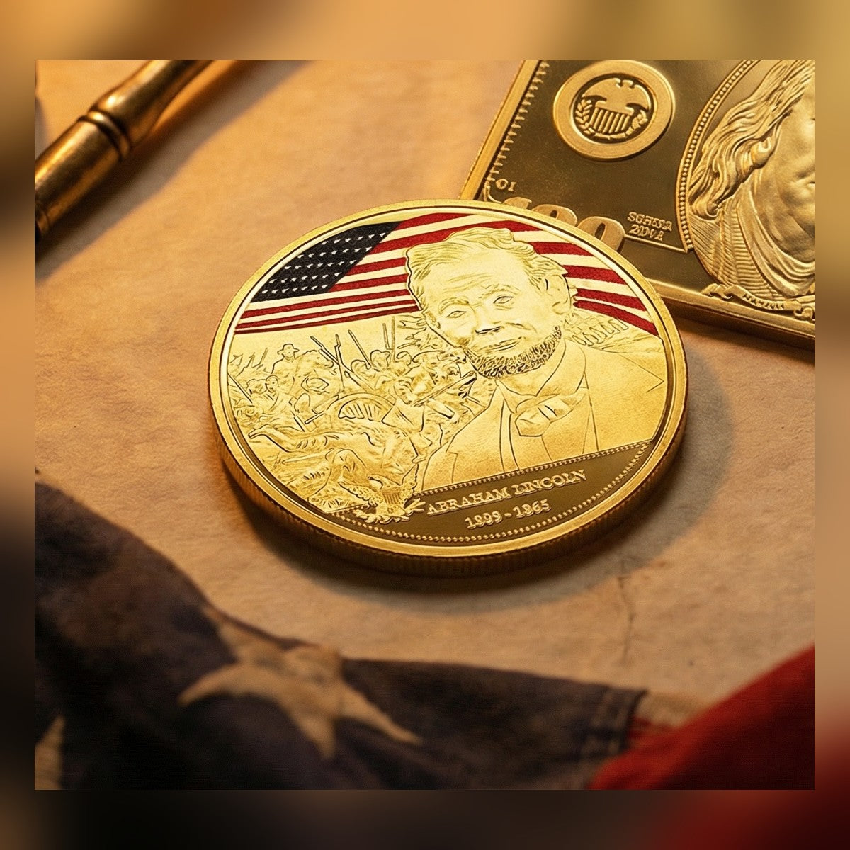 Abraham Lincoln Gold-Plated Coin on an old document beside a quill pen