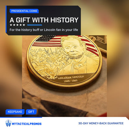 Abraham Lincoln Gold-Plated Coin on parchment with a flag behind
