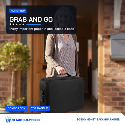 Woman carrying the Lockable Document Case by its top handle out the front door