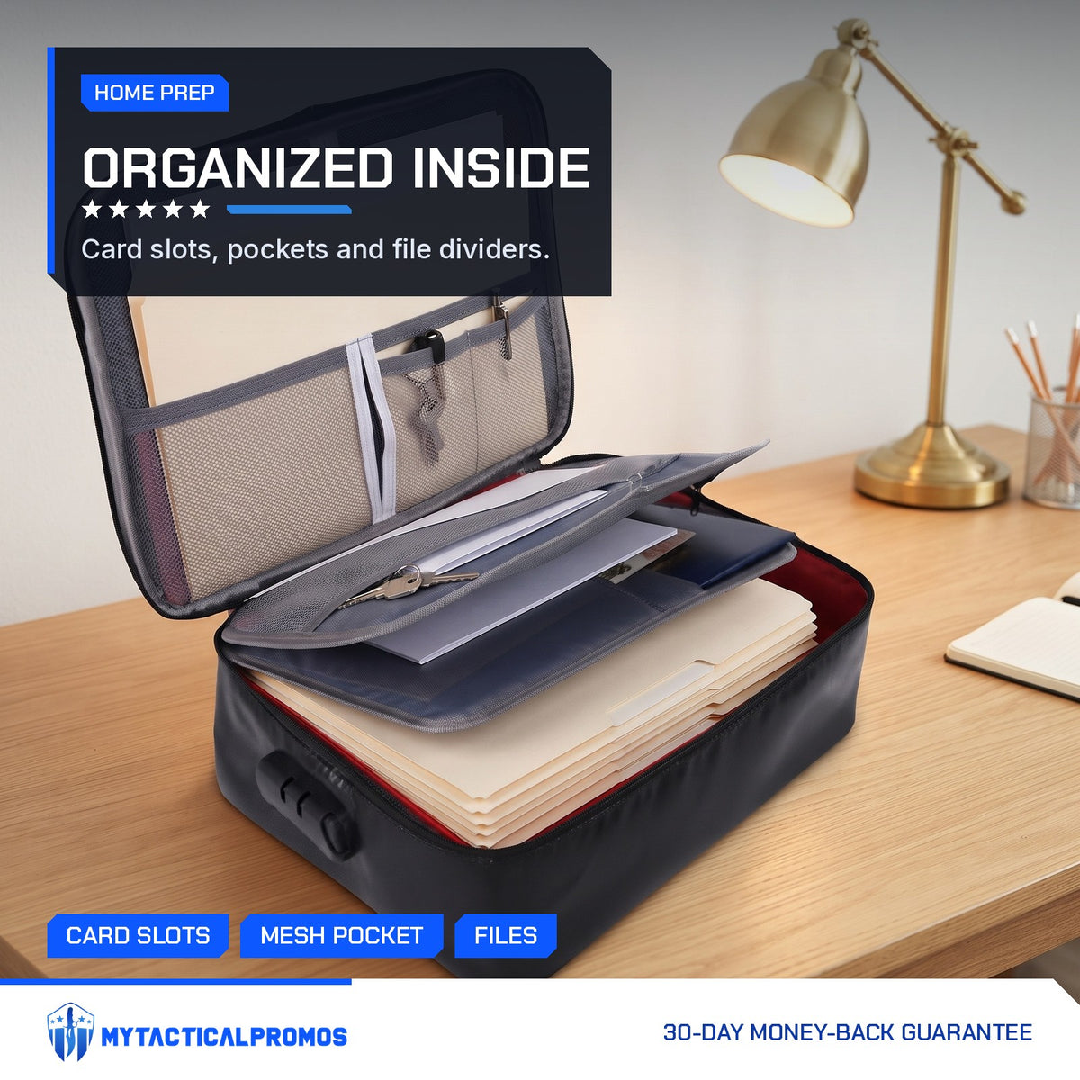 Lockable Document Case open on a desk with folders in the pockets and dividers
