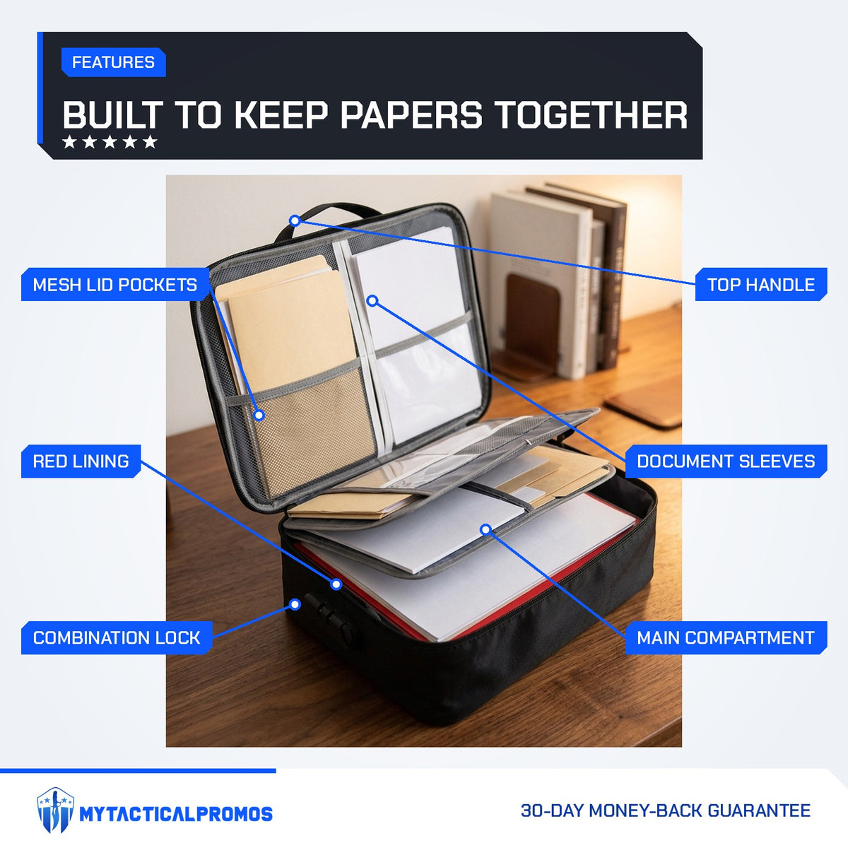 Lockable Document Case features labeled: mesh lid pockets, red lining, combination lock, top handle, document sleeves, main compartment