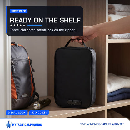 Lockable Document Case on a closet shelf next to an emergency backpack