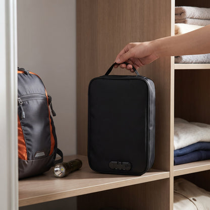Hand lifting the Lockable Document Case off a closet shelf by its handle