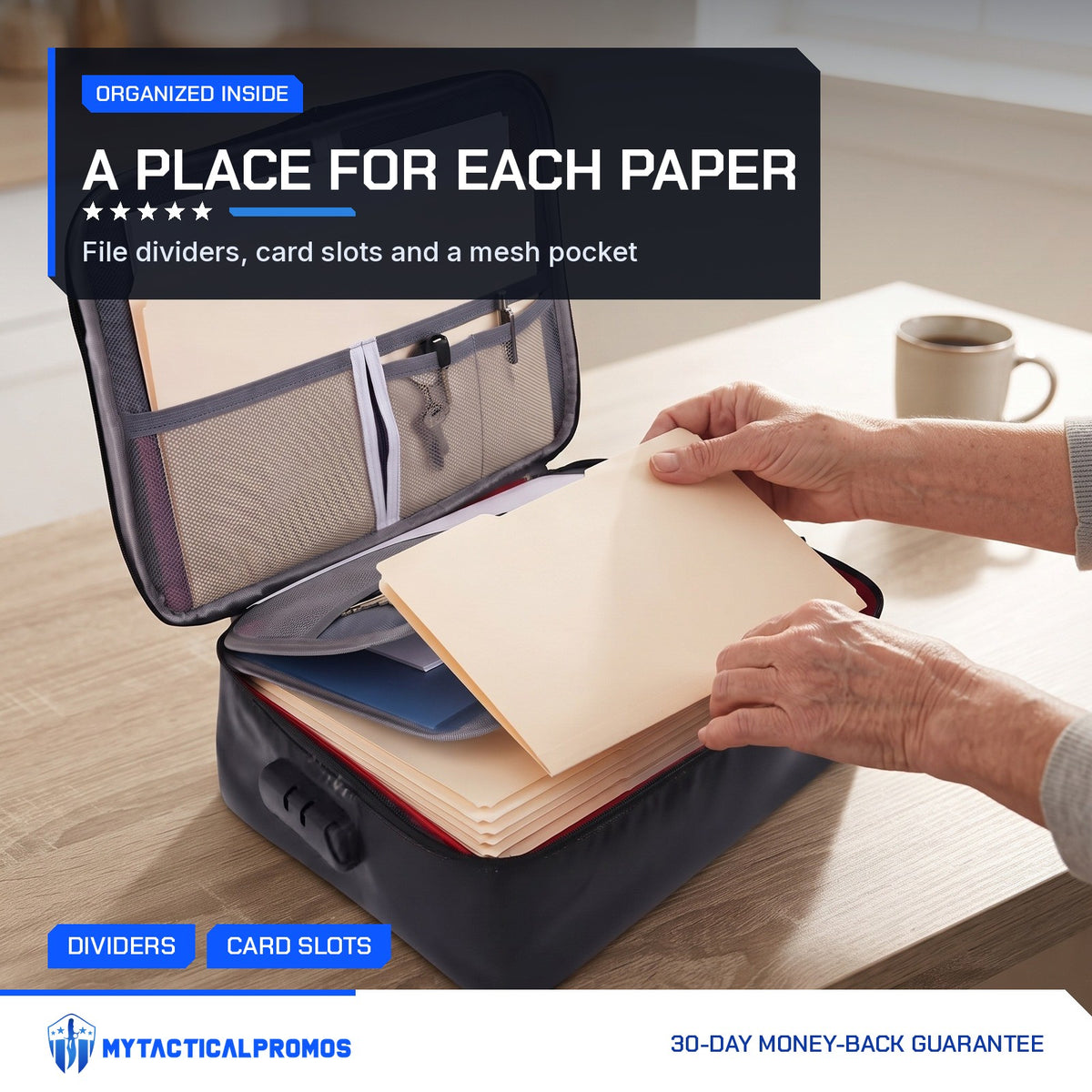 Hands filing a folder into the Lockable Document Case dividers on a kitchen table