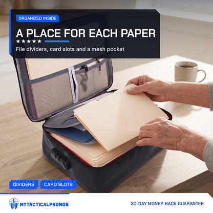 Hands filing a folder into the Lockable Document Case dividers on a kitchen table