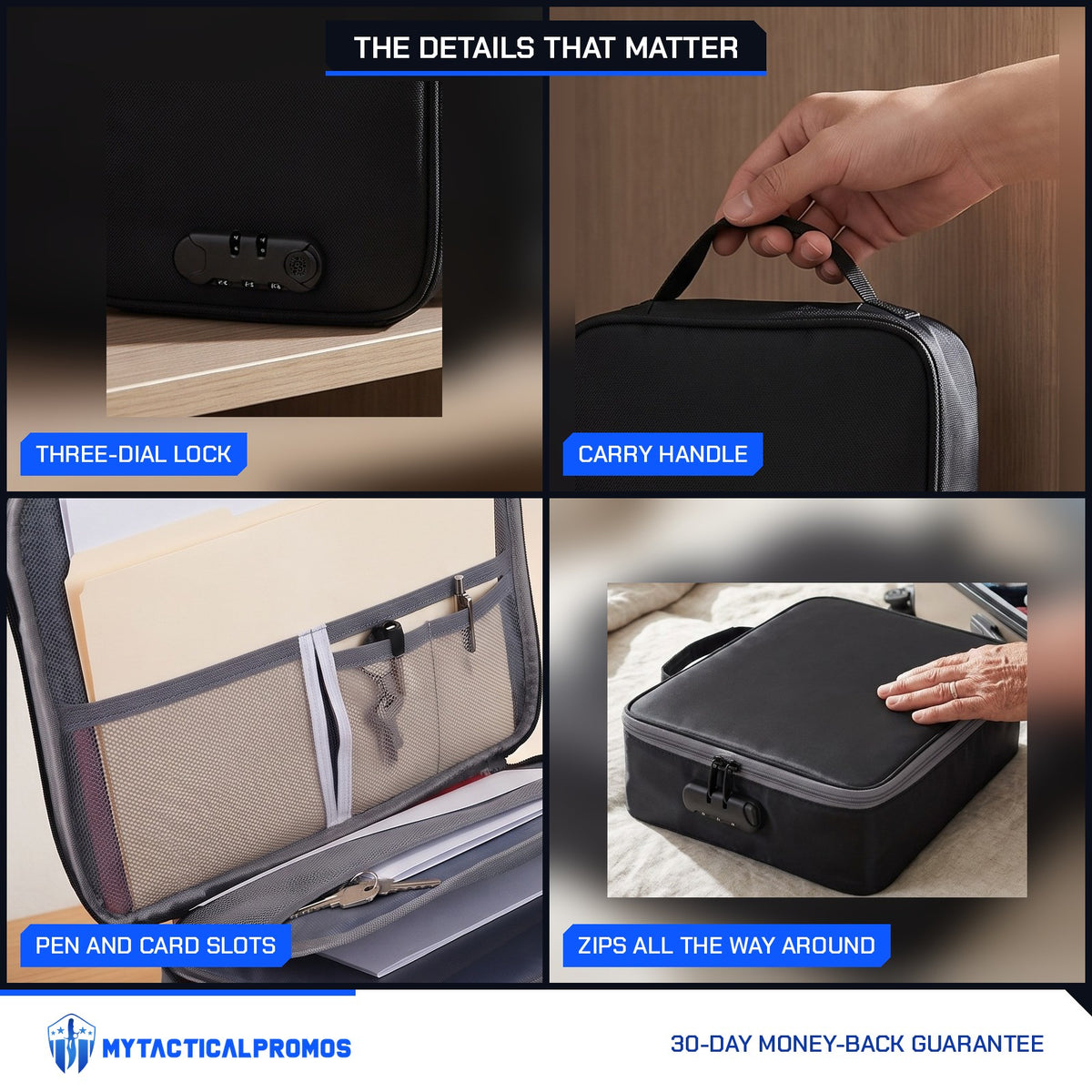 Lockable Document Case close-ups: three-dial lock, carry handle, pen and card slots, zip-around closure