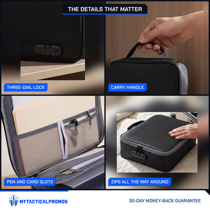 Lockable Document Case close-ups: three-dial lock, carry handle, pen and card slots, zip-around closure