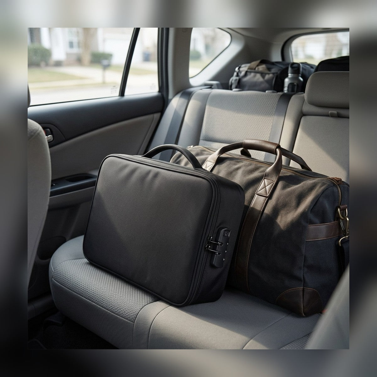 Lockable Document Case on a car back seat beside a packed duffel bag