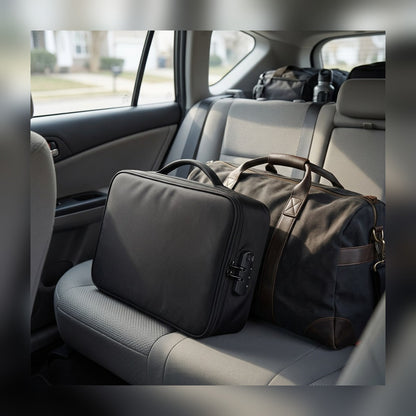 Lockable Document Case on a car back seat beside a packed duffel bag