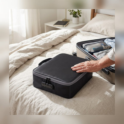 Lockable Document Case on a bed next to a suitcase being packed for a trip