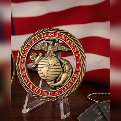 Marine Tribute Coin United States Marine Corps side on a small stand