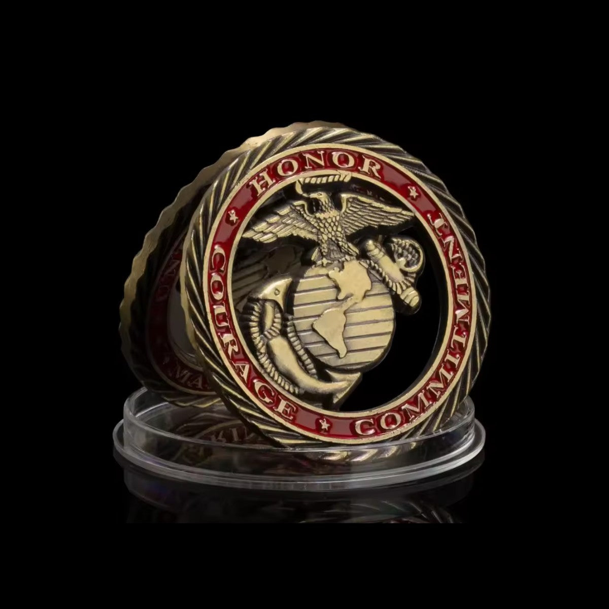 Marine Tribute Coin Honor, Courage, Commitment side in its clear capsule