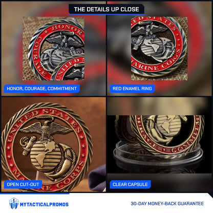 Marine Tribute Coin close-ups: Honor, Courage, Commitment, red enamel ring, open cut-out, clear capsule