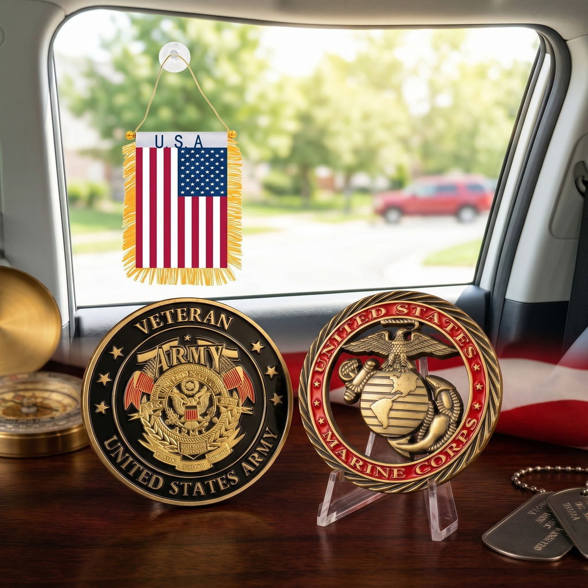Marine Tribute Coin and Army Veteran coin on a truck dashboard under a small American flag