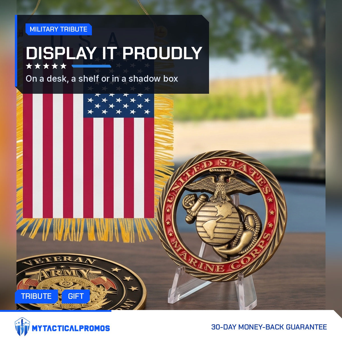 Marine Tribute Coin on a small clear stand beside a folded flag