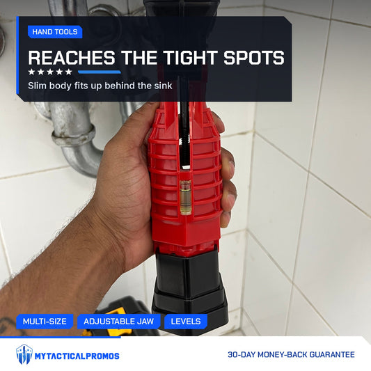 Masterfit 22-in-1 Wrench held up to the pipes under a bathroom sink