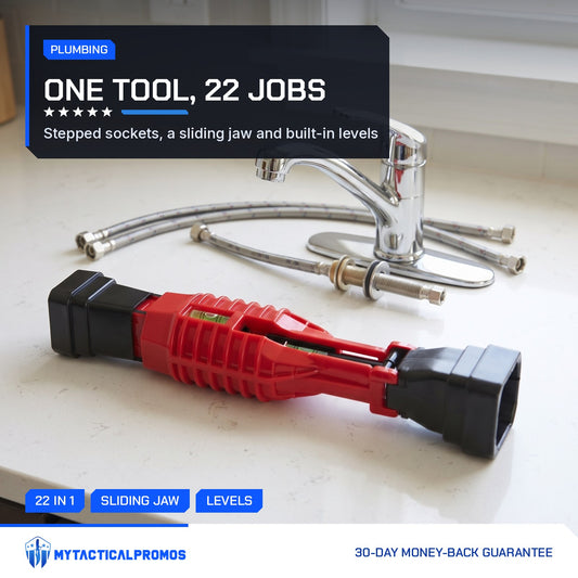 Masterfit 22-in-1 Wrench on a kitchen counter beside faucet parts