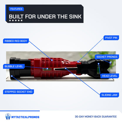Masterfit 22-in-1 Wrench features labeled: stepped socket end, ribbed red body, bubble level, sliding jaw, pivot pin, head level, socket prongs