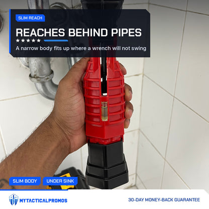 Hand holding the Masterfit 22-in-1 Wrench under a bathroom sink
