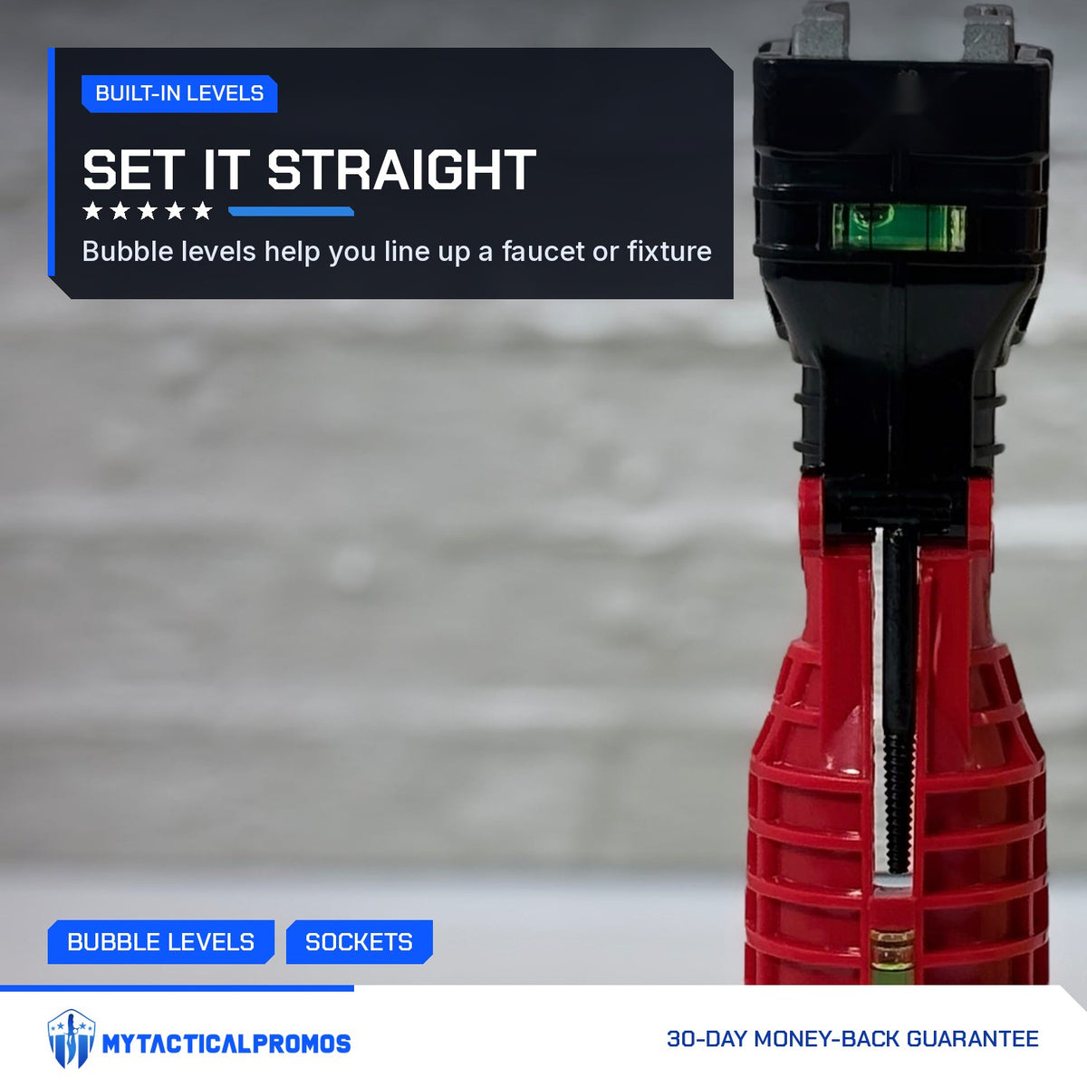 Masterfit 22-in-1 Wrench standing upright, showing its built-in bubble levels