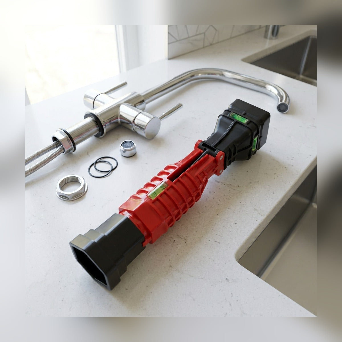 Masterfit 22-in-1 Wrench on a kitchen counter next to a faucet and supply lines