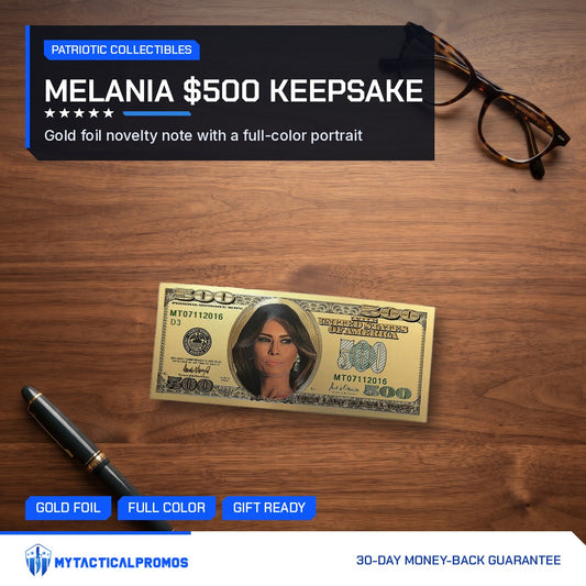 Melania Trump $500 gold foil novelty bill on a wooden desk