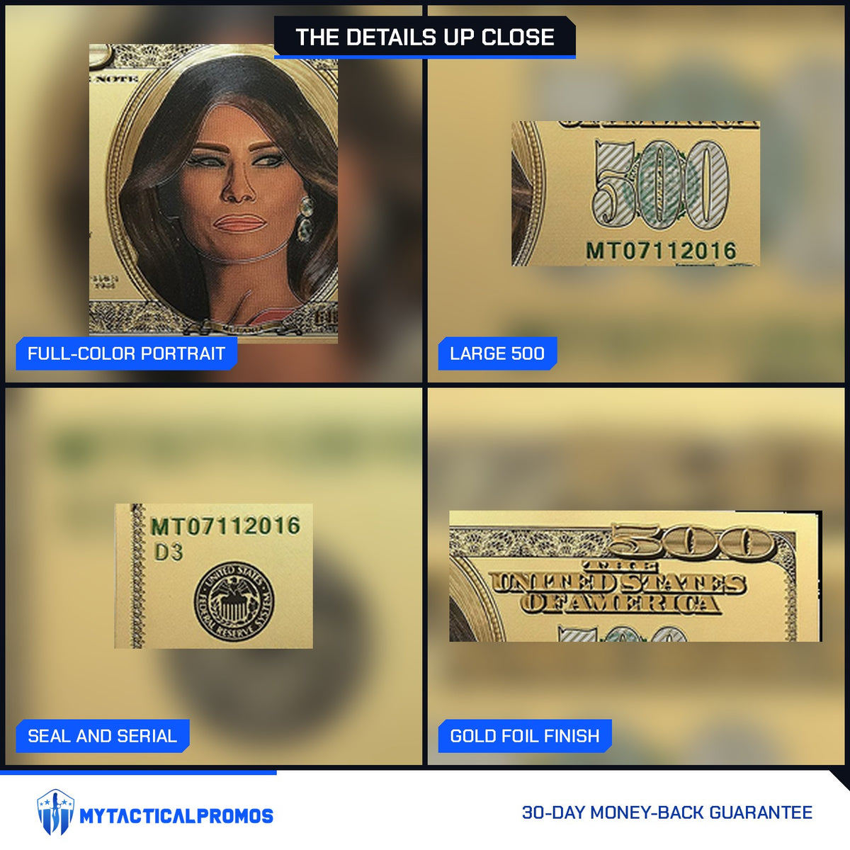 Melania Trump $500 gold foil novelty bill close-ups: full-color portrait, large 500, seal and serial, gold foil finish