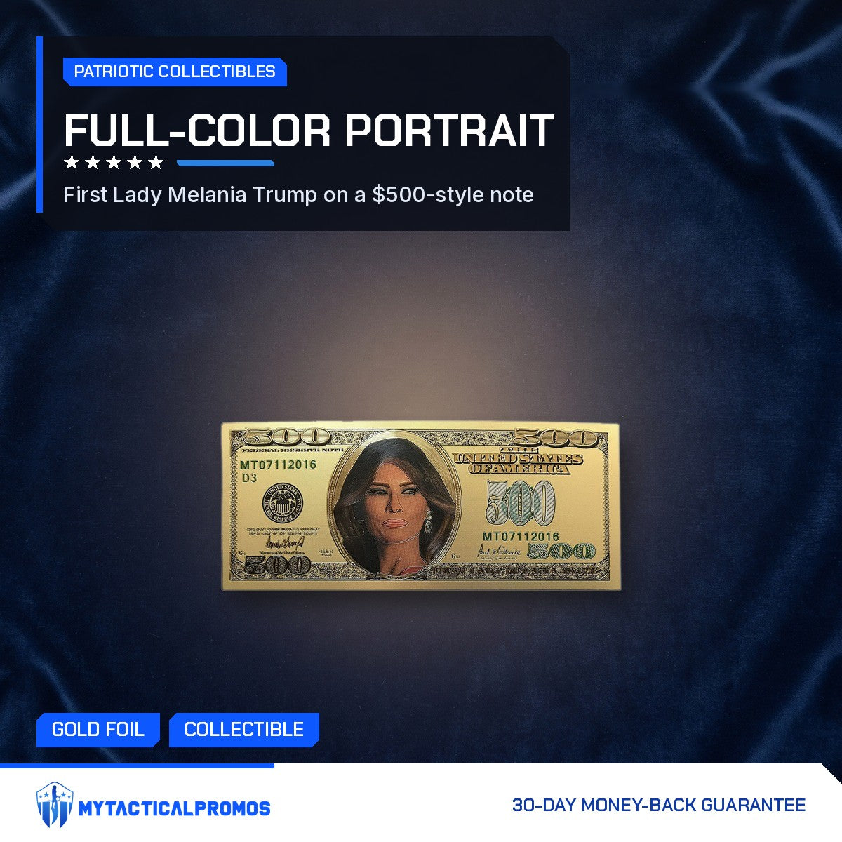 Melania Trump $500 gold foil novelty bill on navy velvet