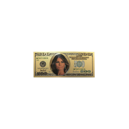 Melania Trump $500 gold foil novelty bill, front view