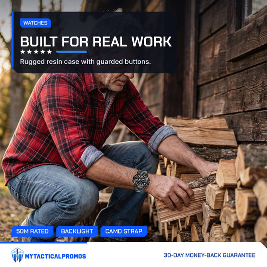 Military Watch on the wrist of a man stacking firewood by a cabin