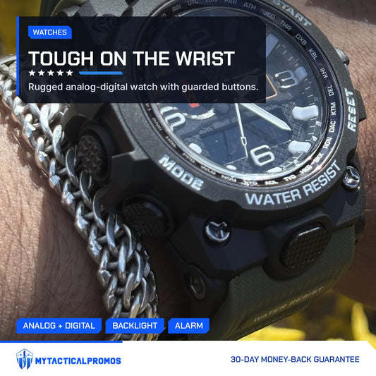 Military Watch on the wrist outdoors, analog-digital dial with guarded buttons