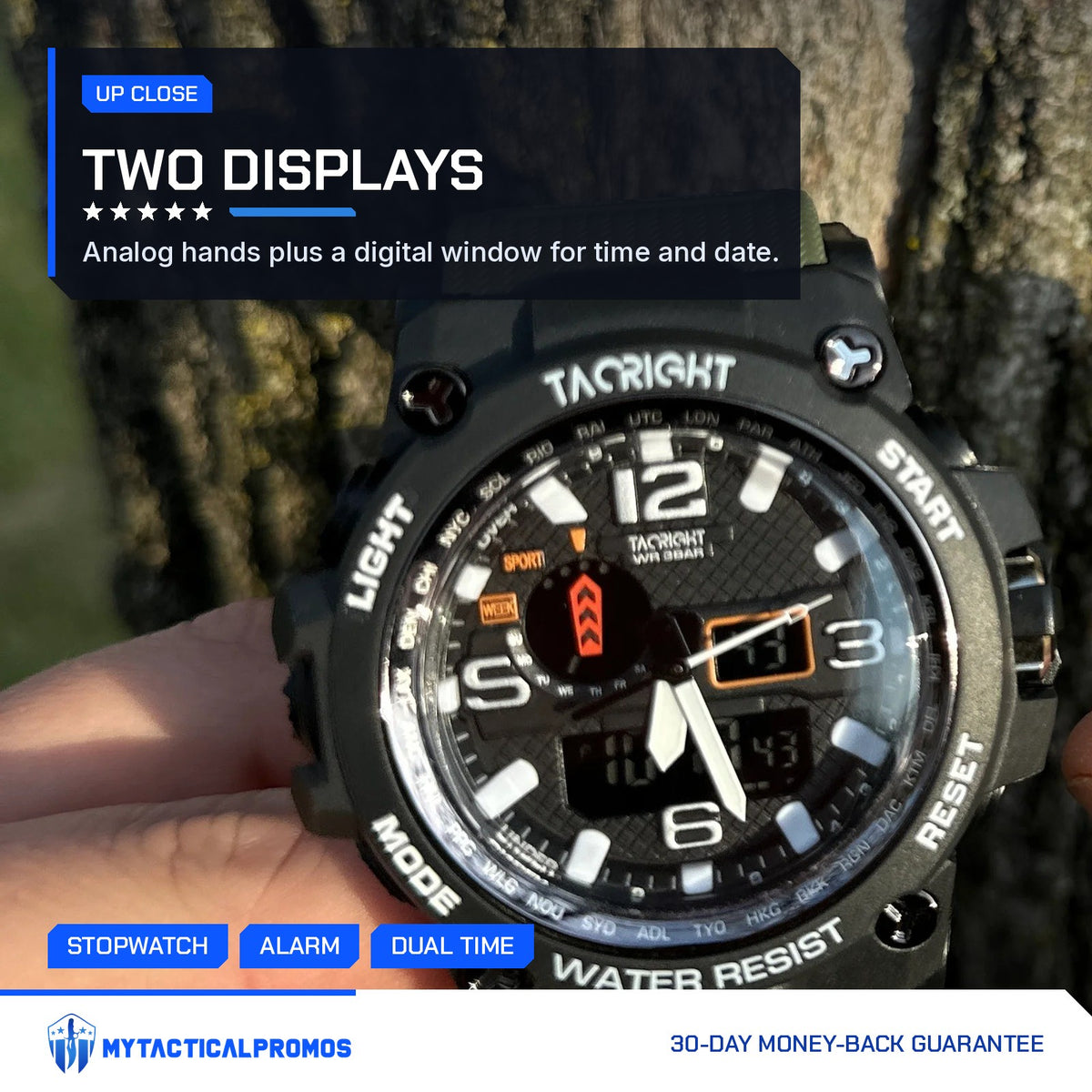 Military Watch dial up close: analog hands with a digital time window