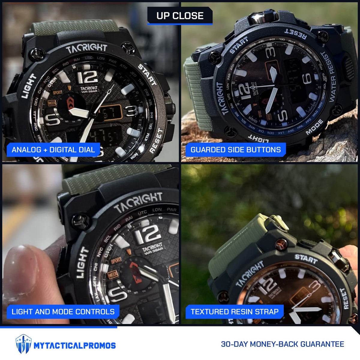 Military Watch close-ups: analog-digital dial, guarded side buttons, LIGHT and MODE controls, textured resin strap