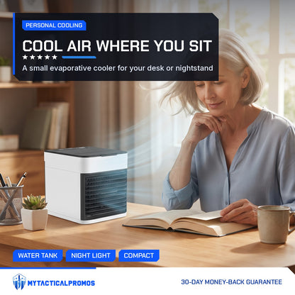 Mini Air Cooler on a desk blowing a breeze toward a woman reading