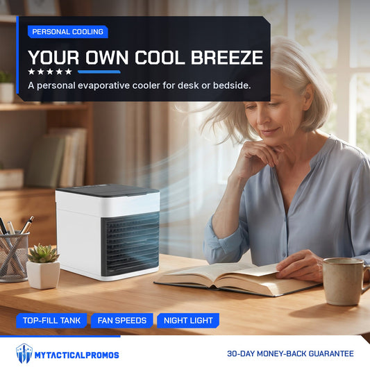 Mini Air Cooler on a desk blowing a breeze at a woman reading